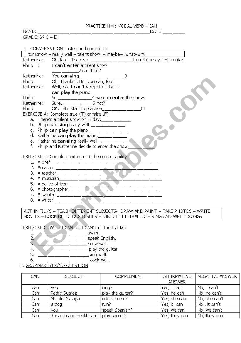 modal CAN / CANT worksheet