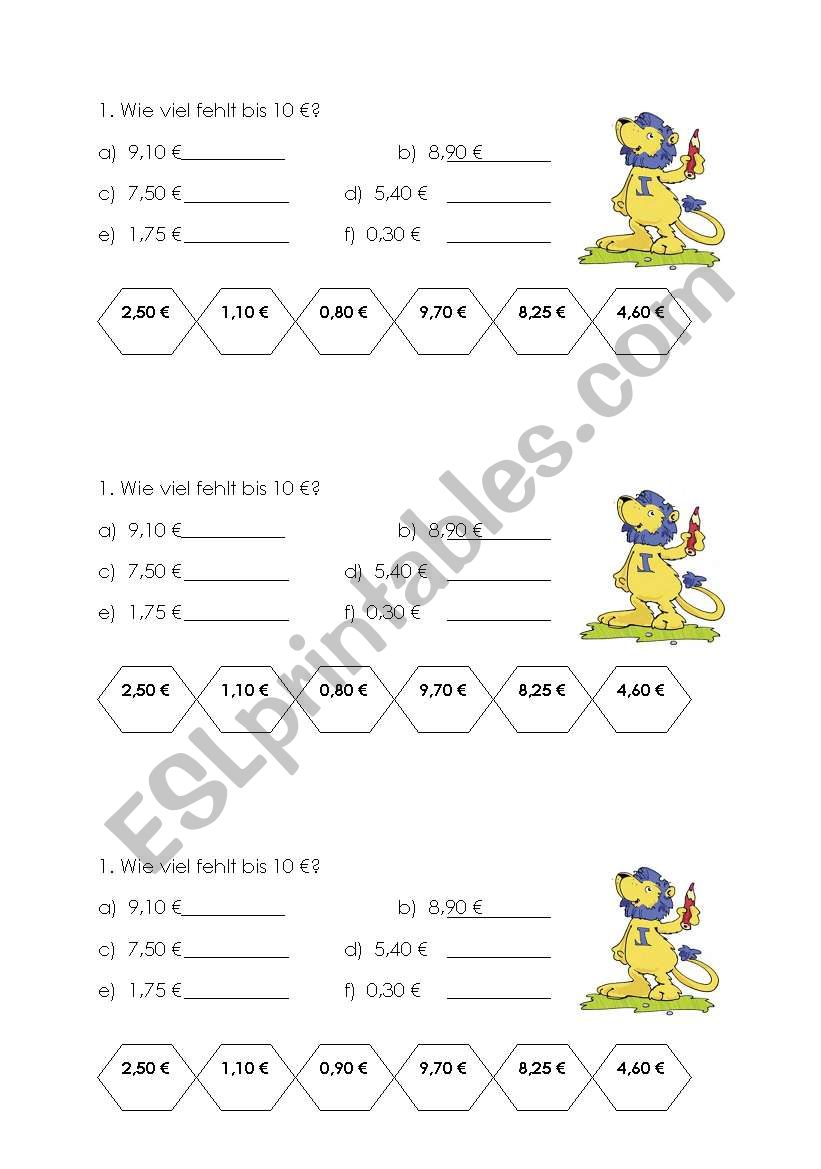 Rechnen mit Euro worksheet