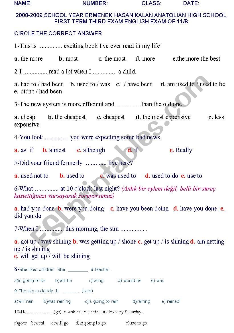 exam paper worksheet