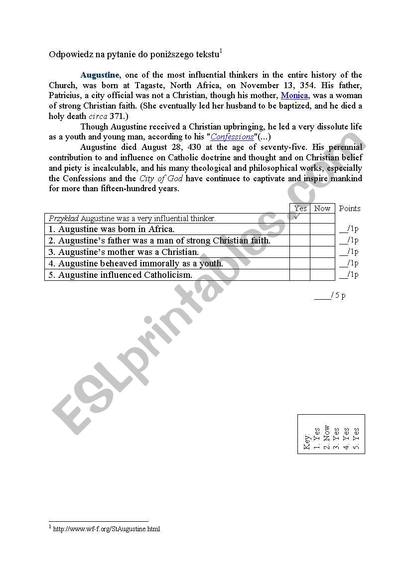 True/False Saint Augustine worksheet