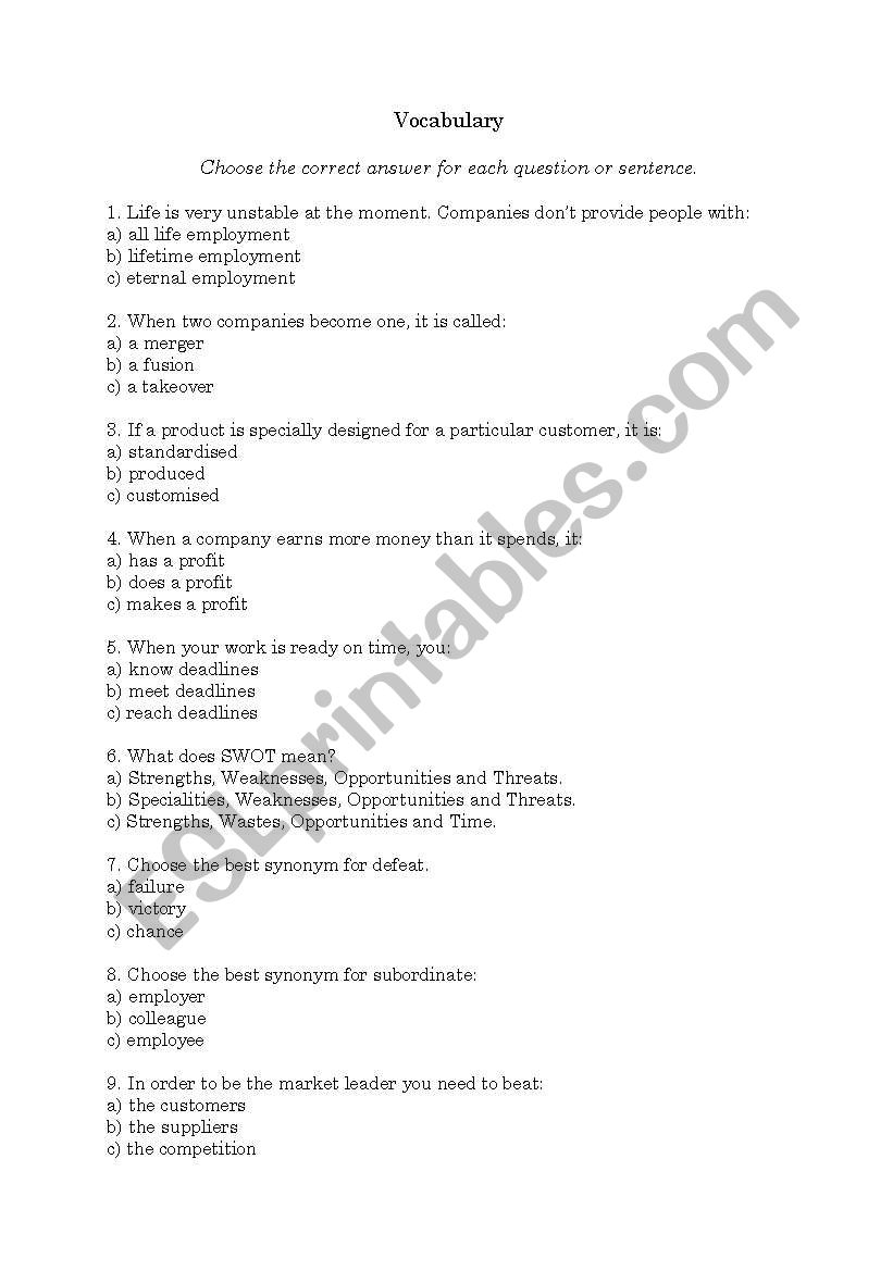 Business Vocabulary Quiz worksheet