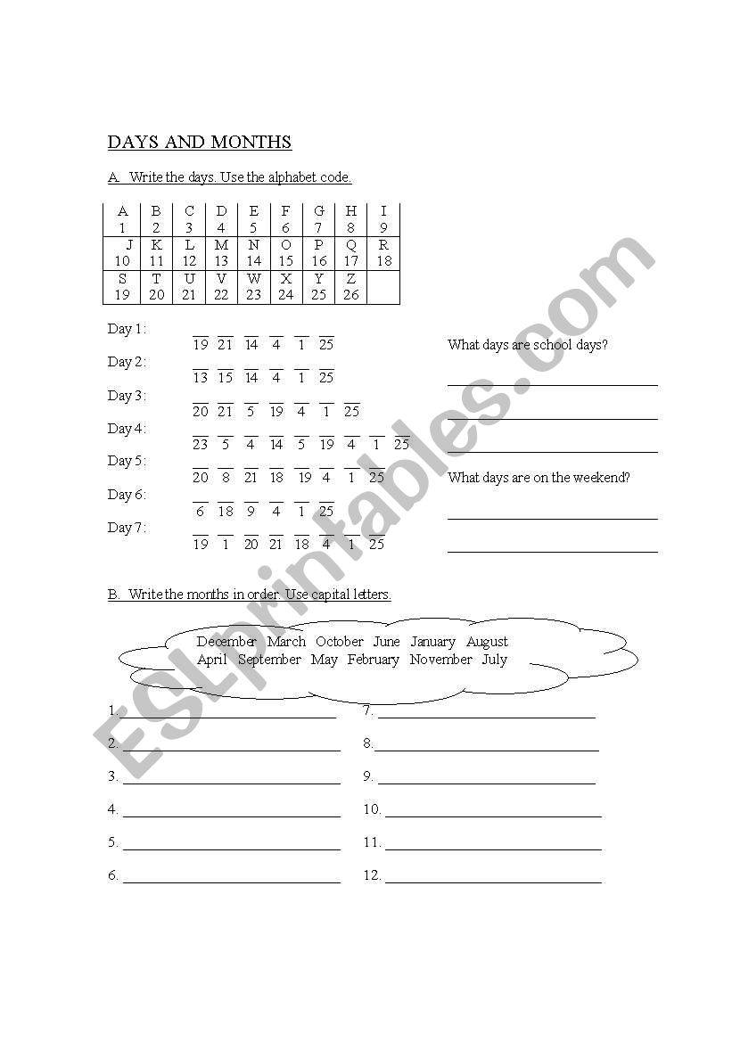 Days and Months 4eme worksheet