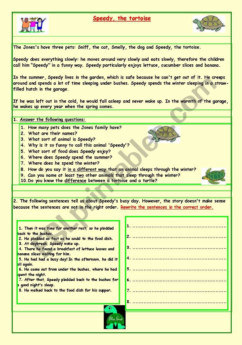 Speedy, the tortoise worksheet