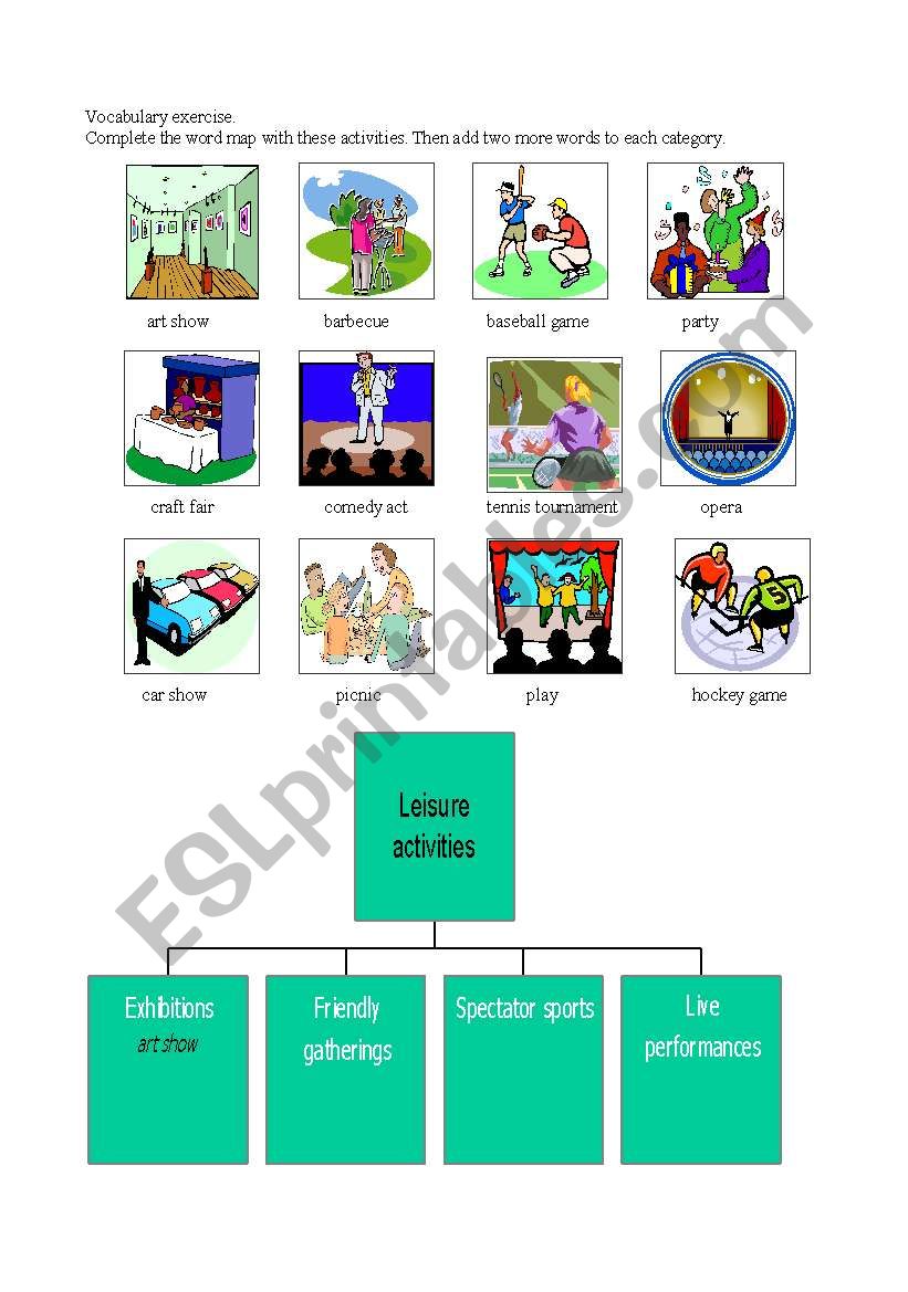 Leisure activities word map worksheet