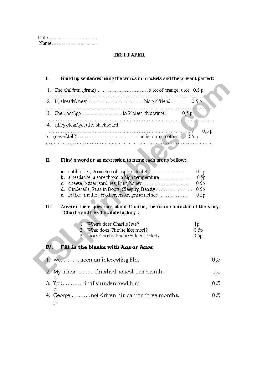 test paper  worksheet