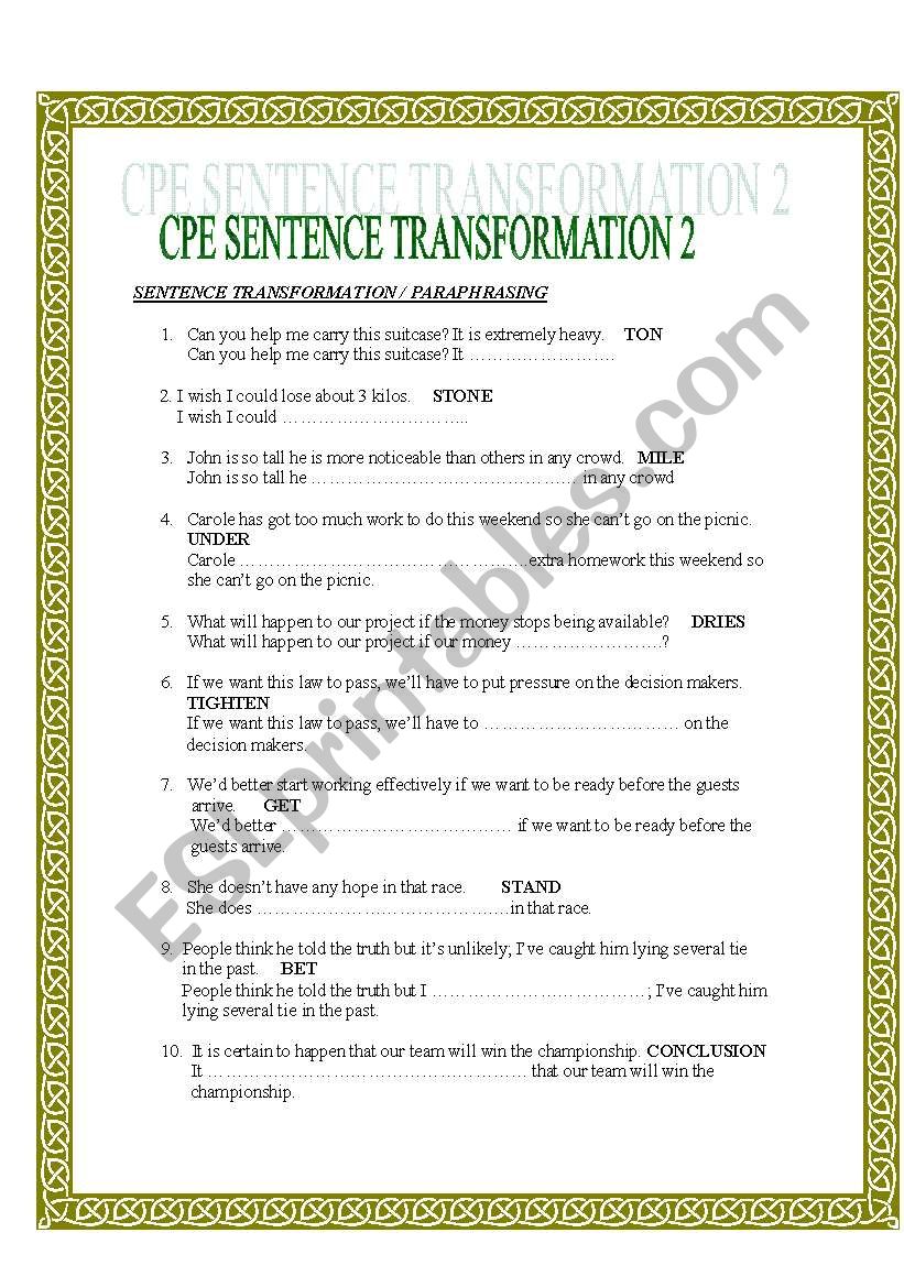 CPE SENTENCE TRANSFORMATION worksheet