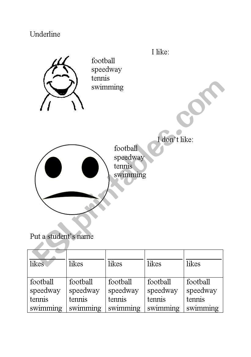 sport -likes & dislikes worksheet