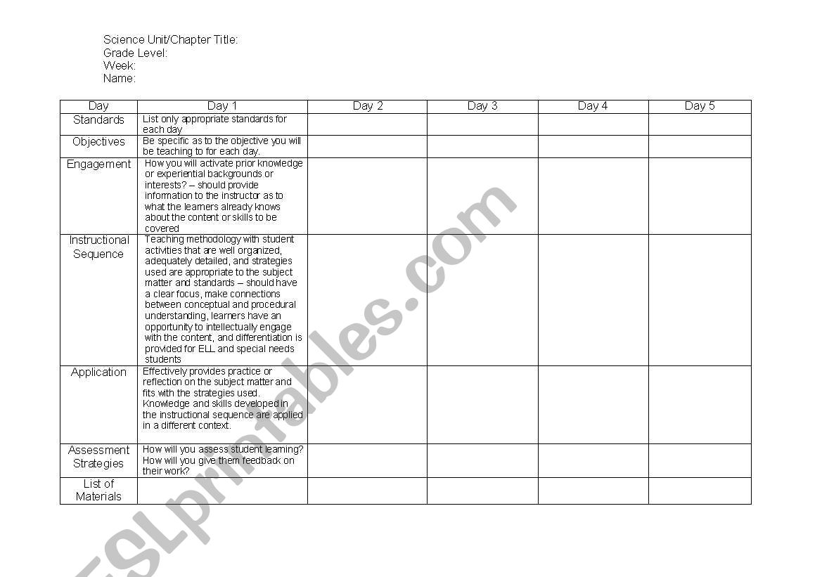 Unit Lesson Plan Blank Document
