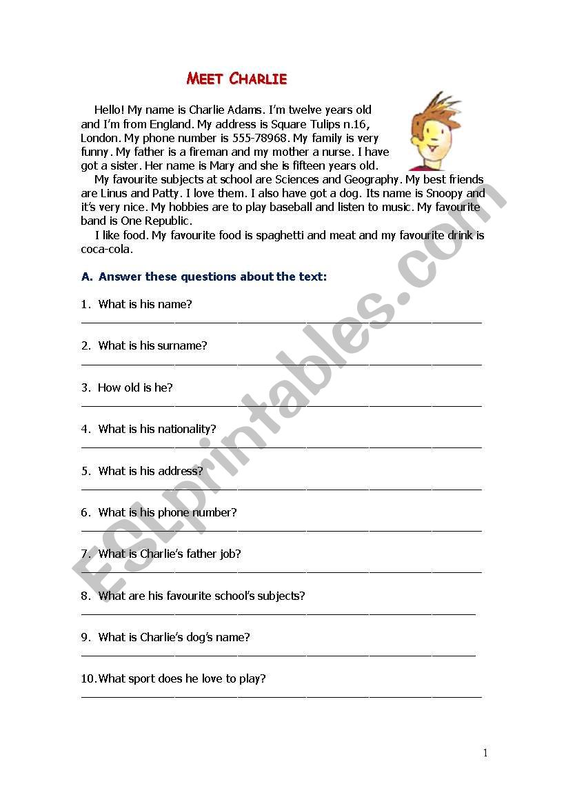 Meet Charlie worksheet