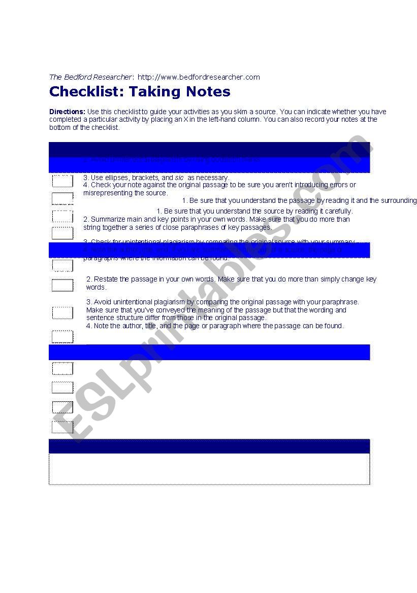 Checklist: taking notes worksheet