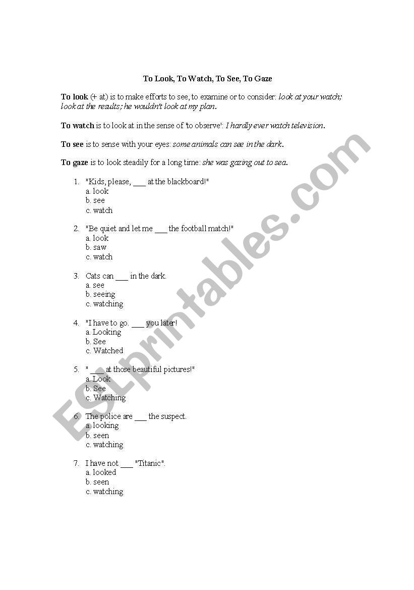 To Look, vs. To Watch worksheet