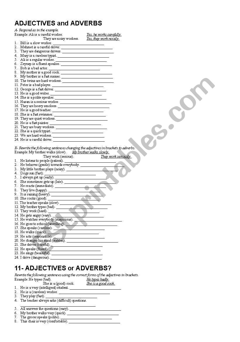 Adjective and Adverbs worksheet