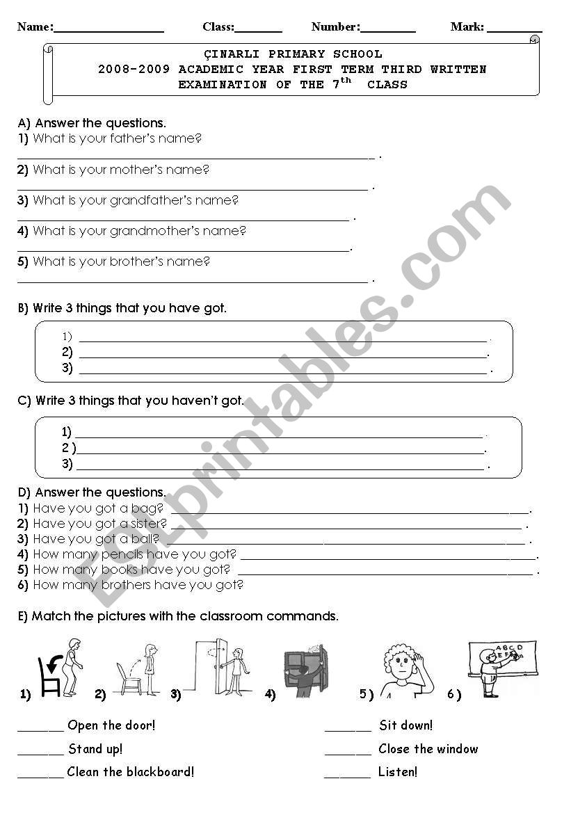 Have-has got/ Classroom commands/ Telling family member names