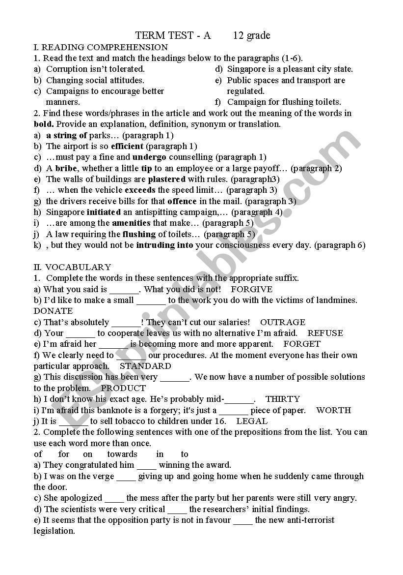 Term test worksheet