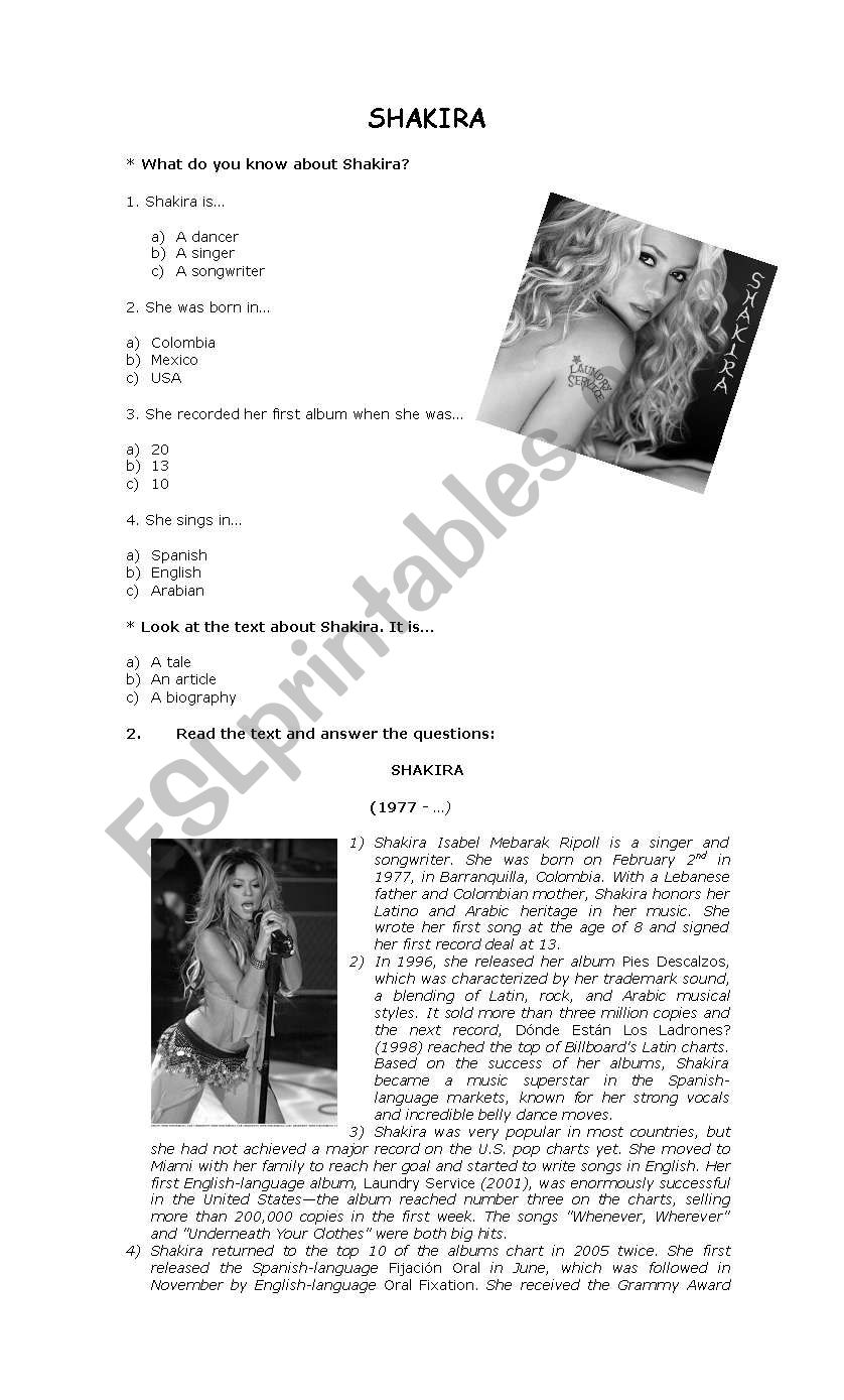 shakiraÂ´s biography worksheet