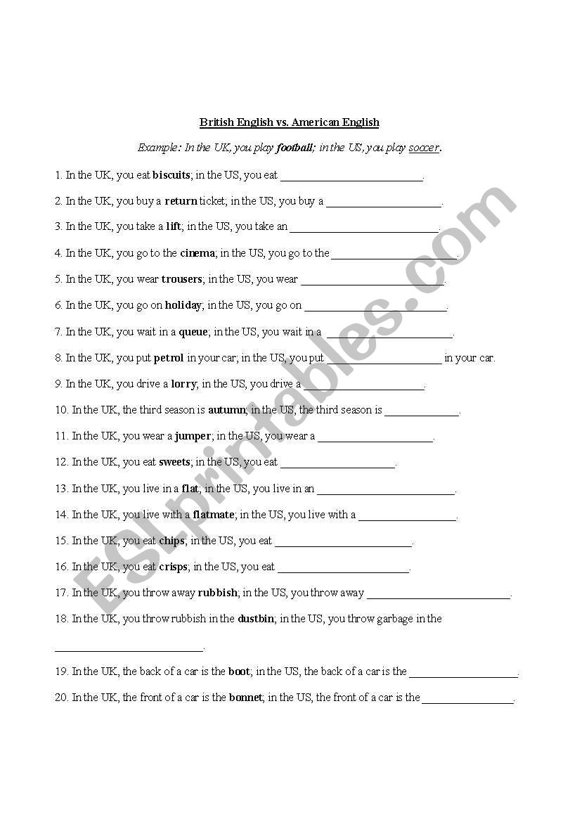 British American Words worksheet