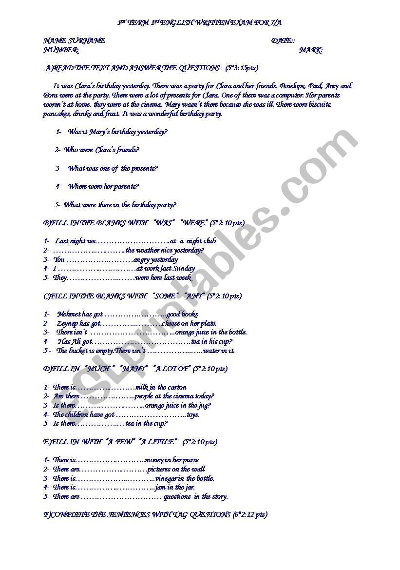 7th class 1exam worksheet