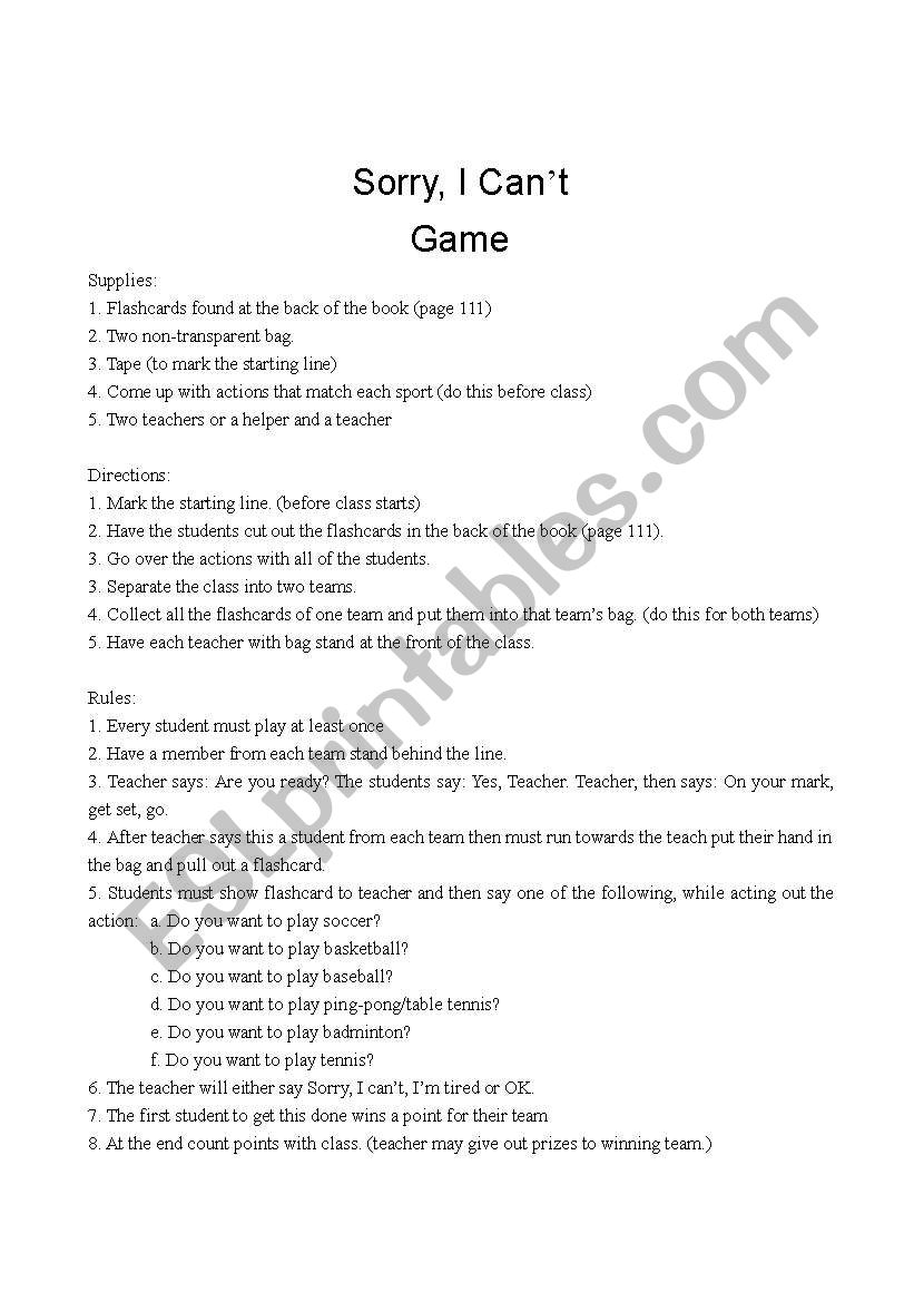 Sorry, I Can´t: Game worksheet
