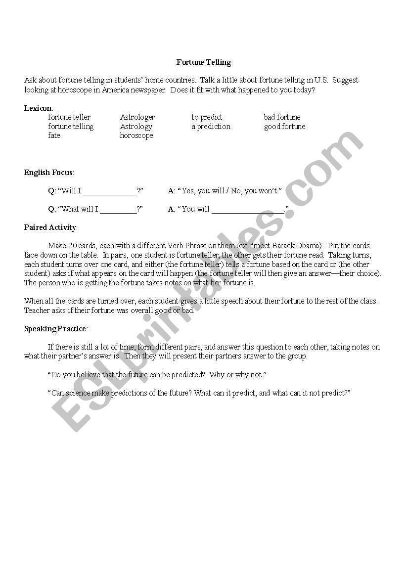 Fortune Telling  worksheet