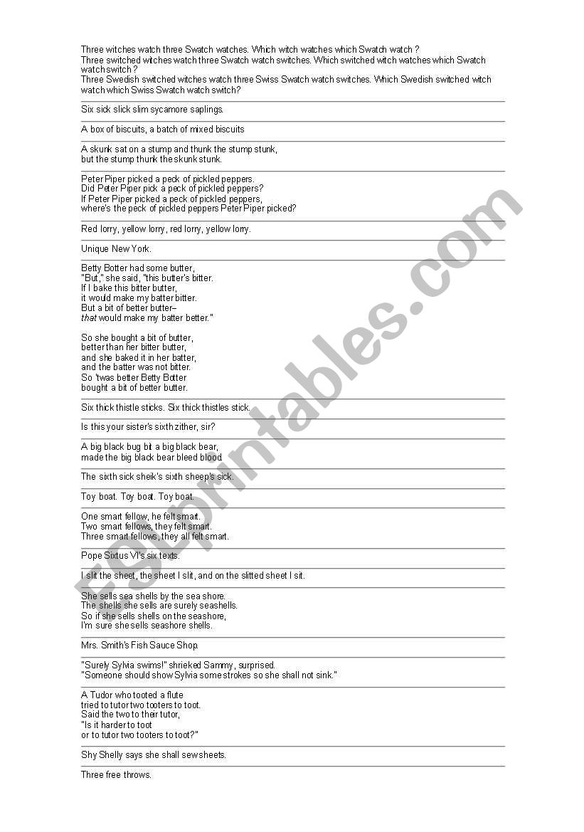 tongue twisters worksheet