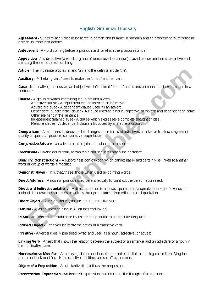 English Grammar Glossary worksheet