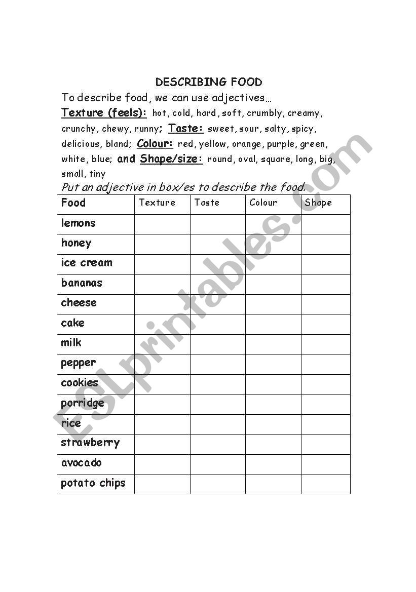 Food adjectives worksheet