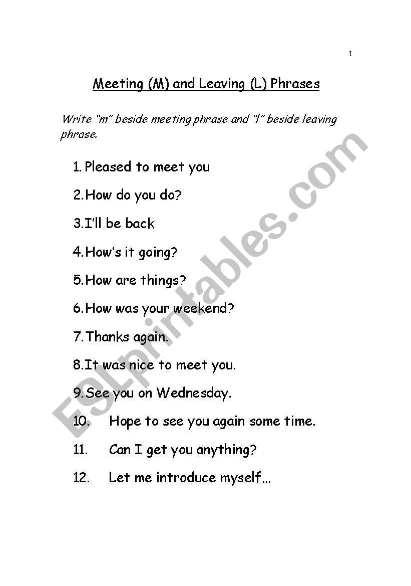 Meeting and leaving phrases worksheet