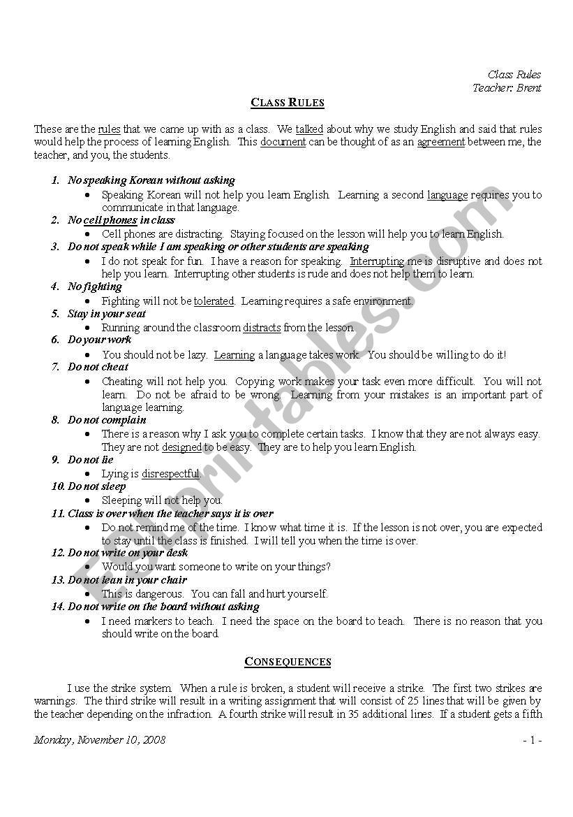 Some Class Rules worksheet