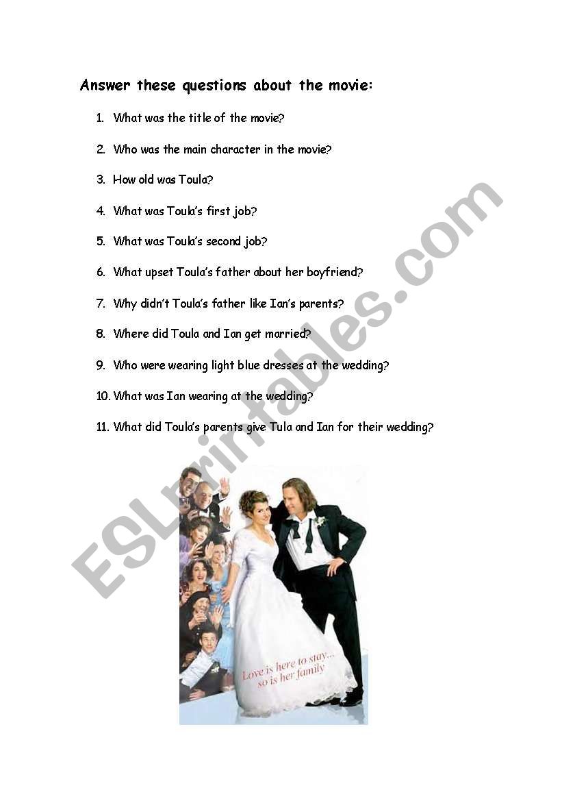 My Big Fat Greek Wedding worksheet