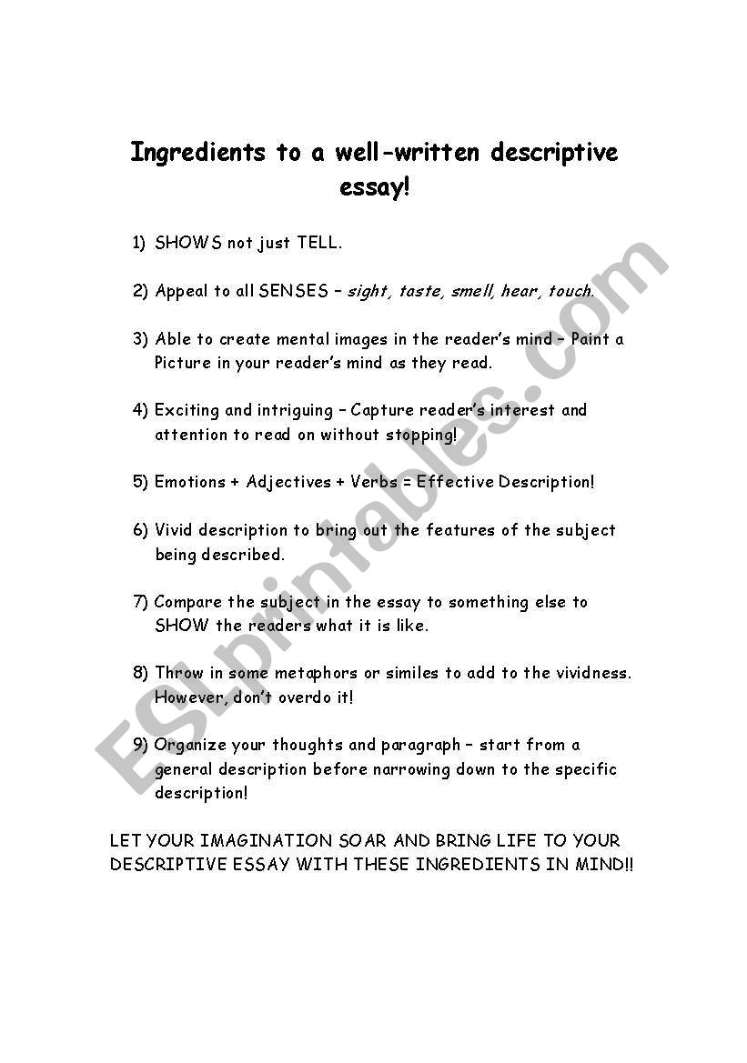 Writing a Descriptive Essay! worksheet