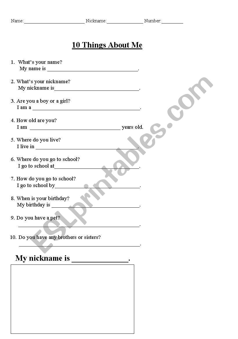 All About me worksheet