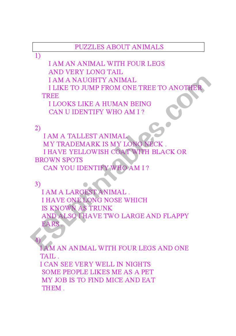 puzzles about animals worksheet