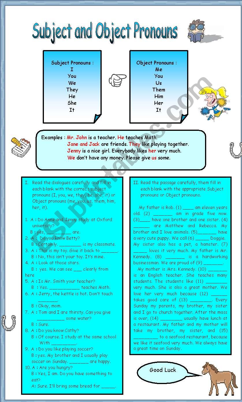 Subject and object pronouns worksheet