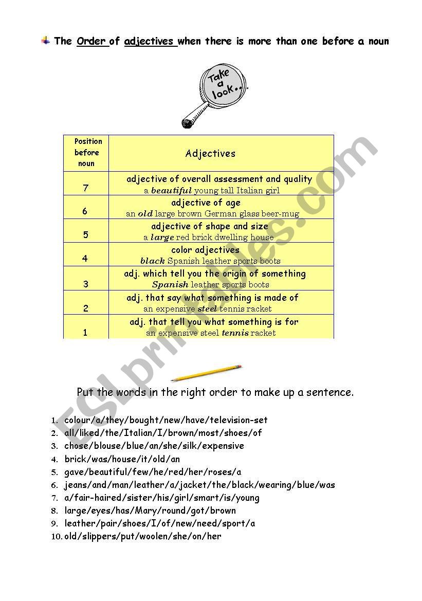 Grammar. Order of Adjectives worksheet