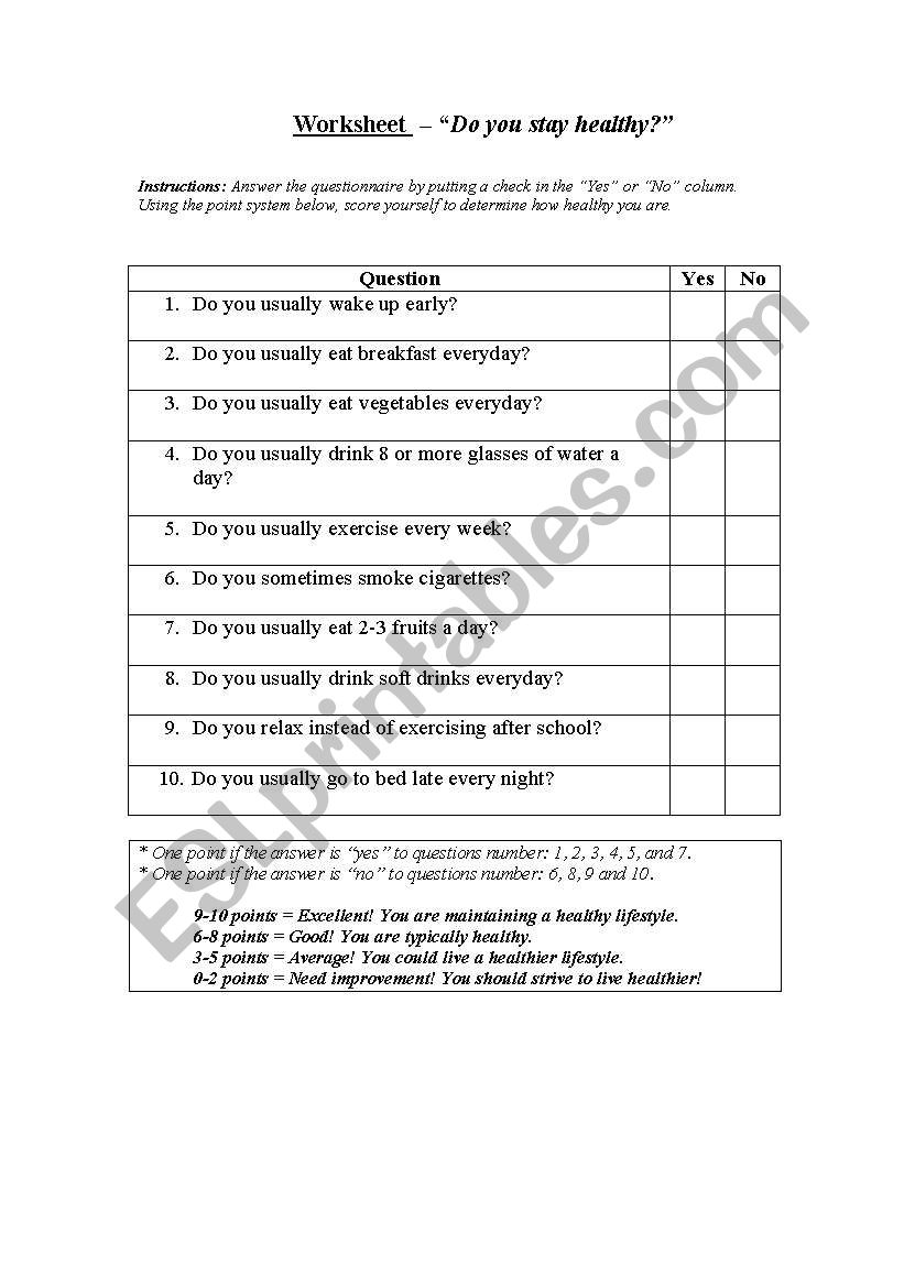 healthy worksheet