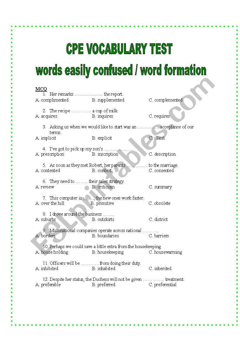 CPE VOCABULARY TEST 2: WORDS EASILY CONFUSED AND WORD FORMATION
