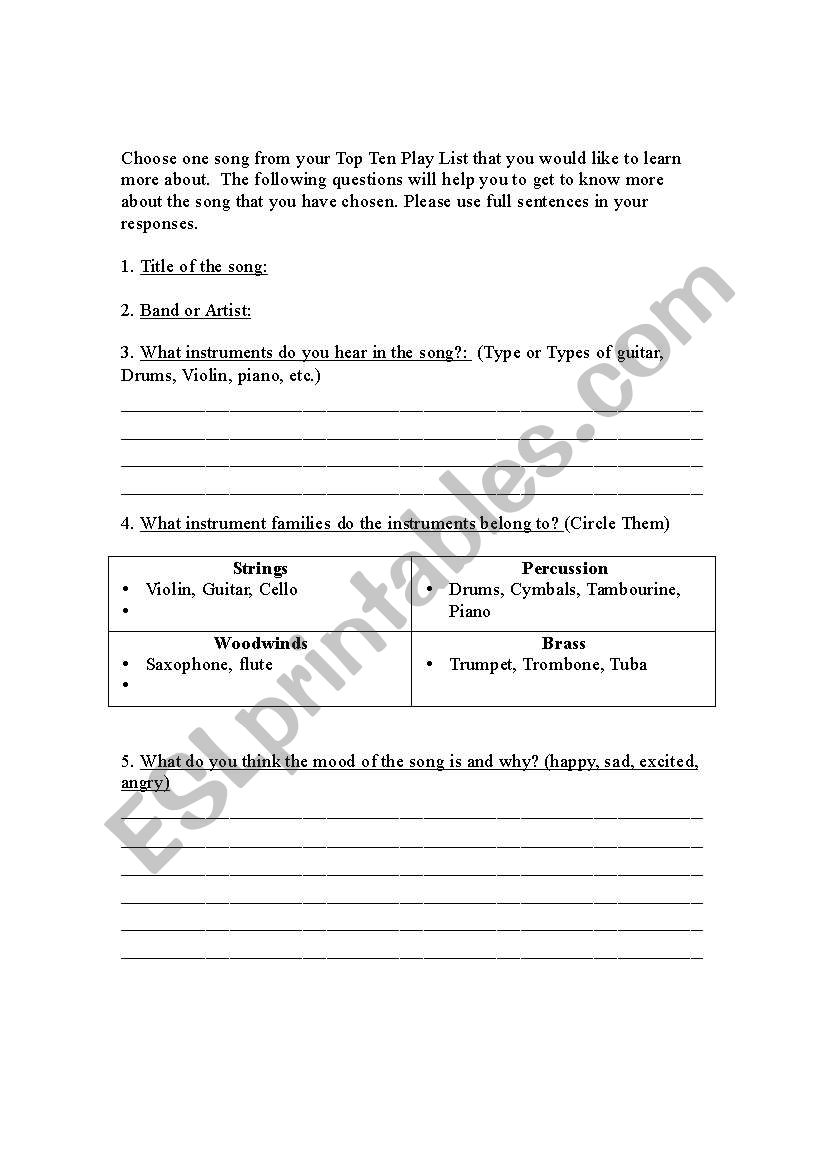 Favourite Song worksheet