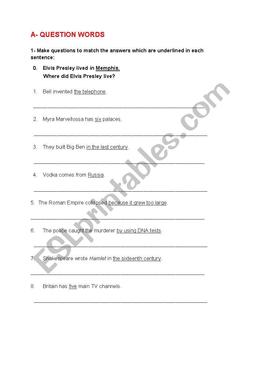 question word worksheet