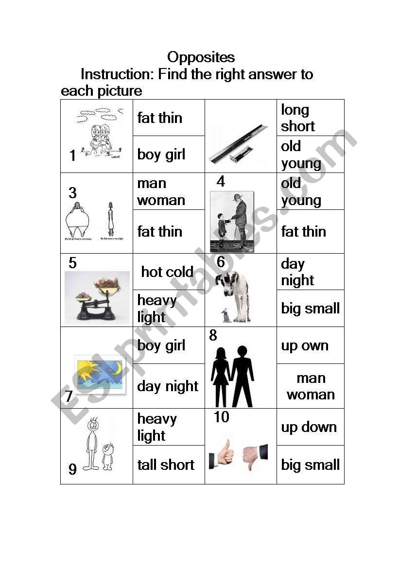 Opposites worksheet