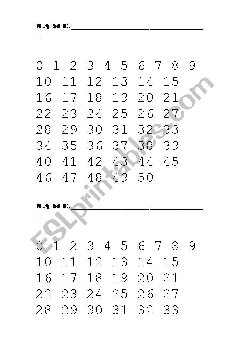 Number Tracing 0-50 worksheet