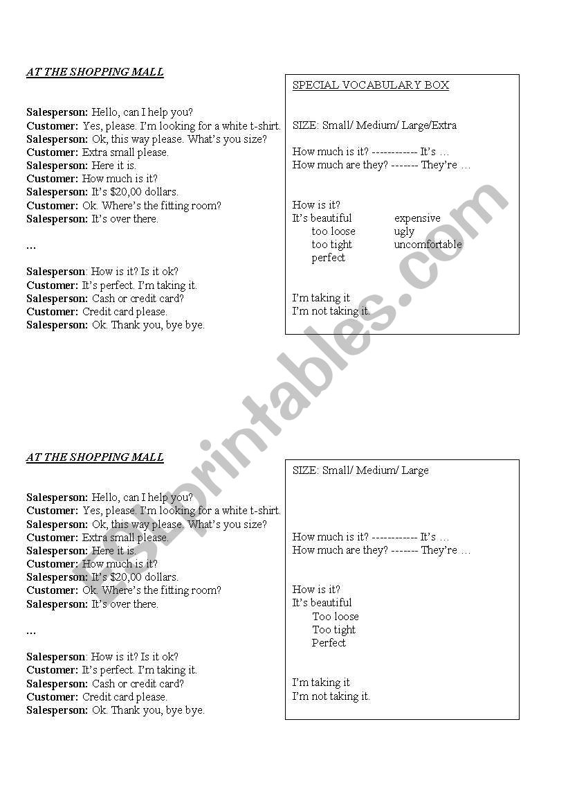 at the shopping mall worksheet