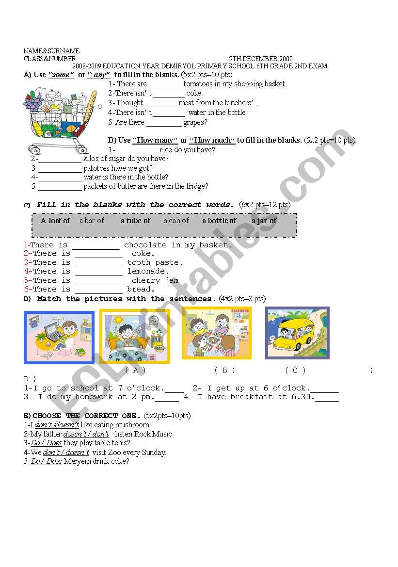 exam worksheet