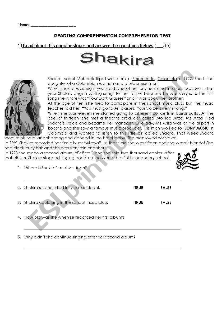 Shakiras biography worksheet