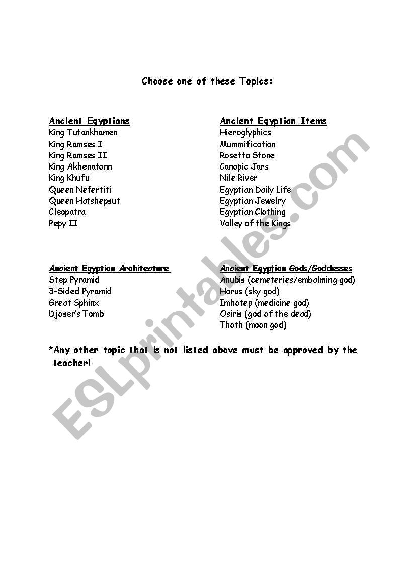 Ancient Egyptian Project Topics