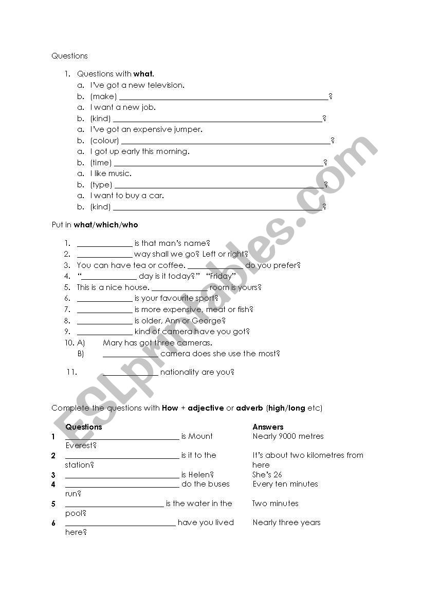 Question revision worksheet