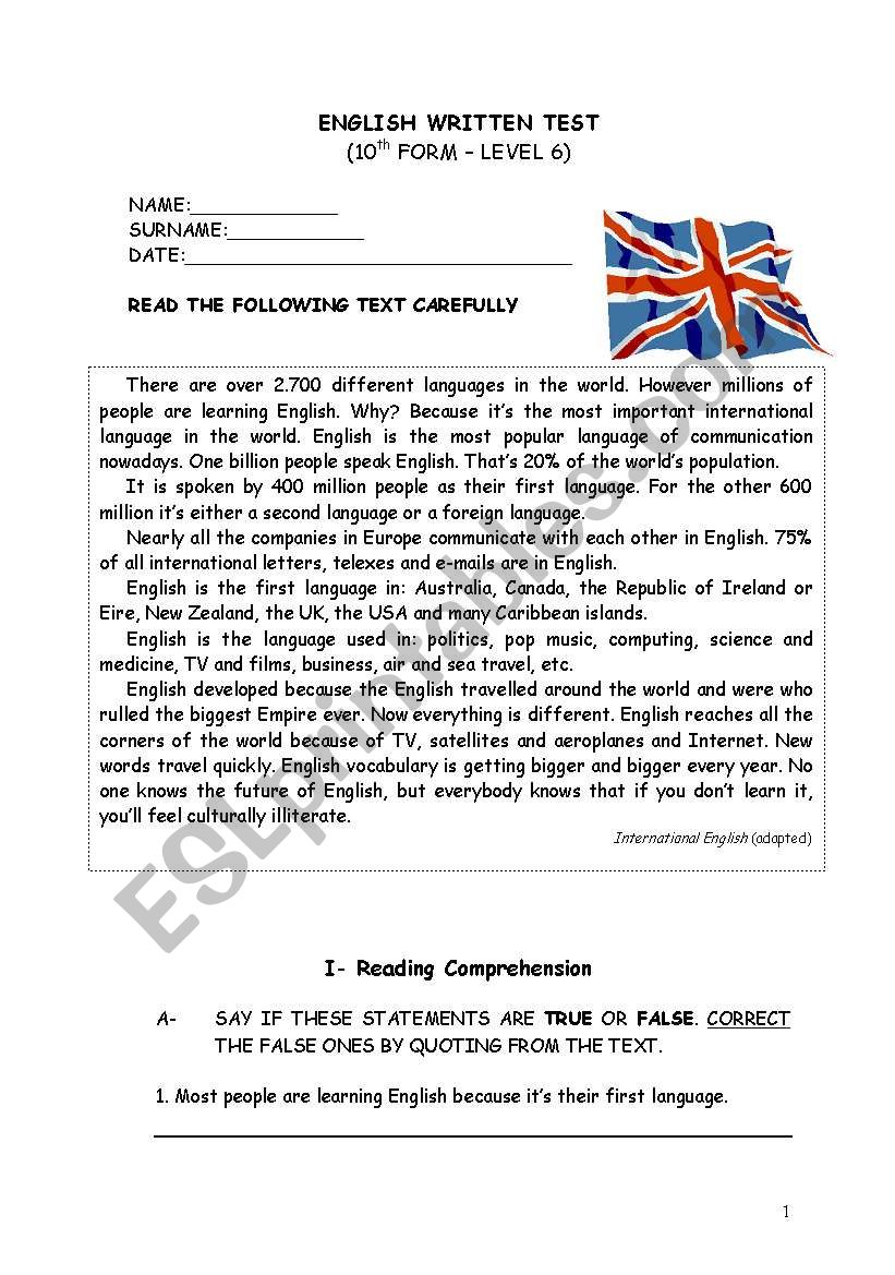 The English Language worksheet