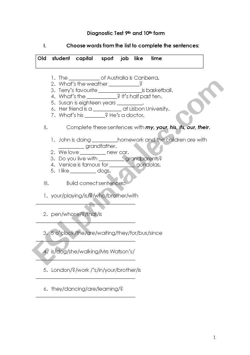 Diagnostic test worksheet