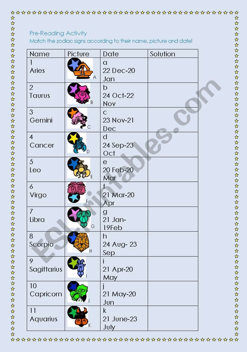 Zodiac signs worksheet