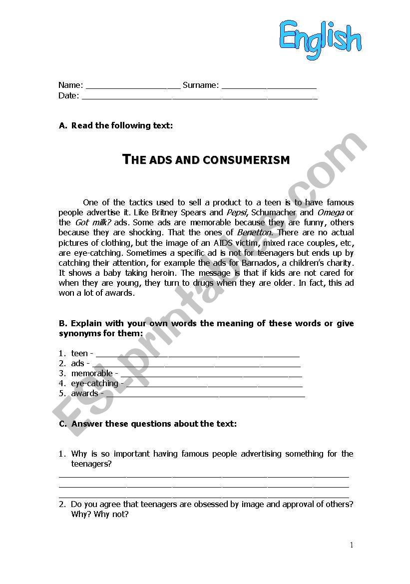 Ads and consumerism  worksheet