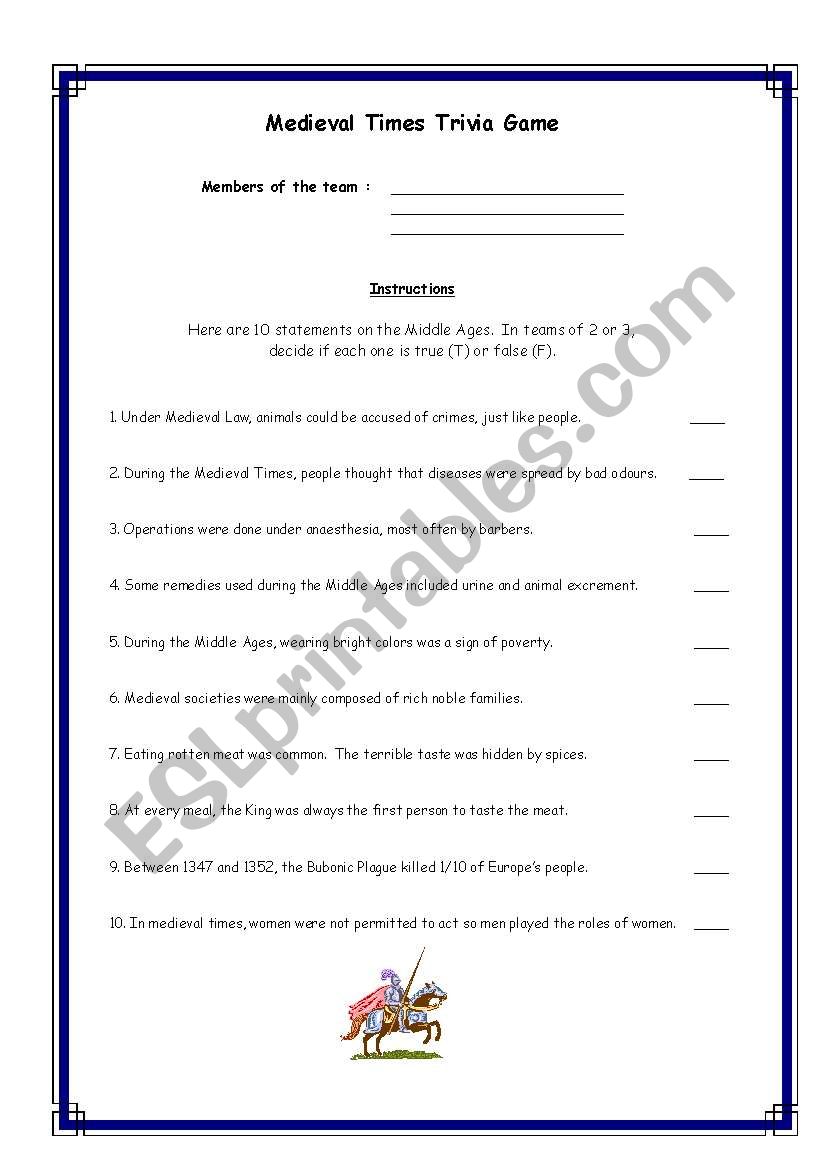 Medieval Times Trivia Game worksheet